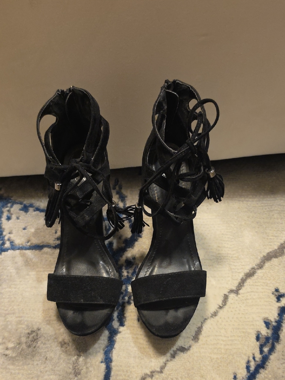 Lace-Up Tassel Black Suede Heels